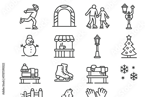 Winter Skating Icons. Town Square Skating. Line outline icon set of public skating event: skater gliding, rink