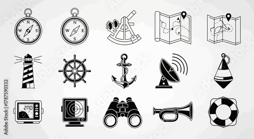 Navigate your next adventure with this collection of essential maritime and navigation icons, perfect for nautical themes and travel branding.