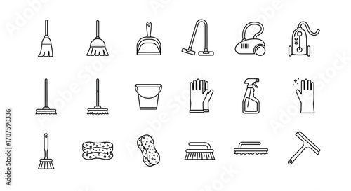 Essential cleaning supplies collection featuring brooms mops vacuums sponges gloves and spray bottles for a spotless home or business