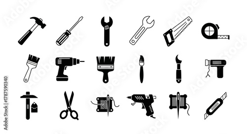 Essential DIY and crafting tools collection featuring hammer, drill, saw, scissors, and sewing kit for creative projects