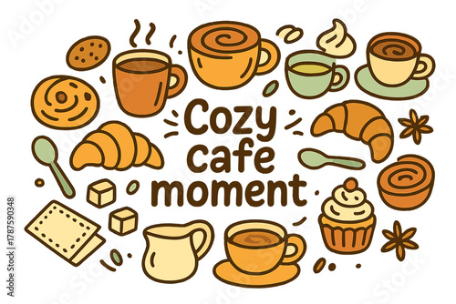 Cozy Café Essentials. Cozy café moment. Hand-drawn doodle illustration of cozy café moment. Coffee mug,