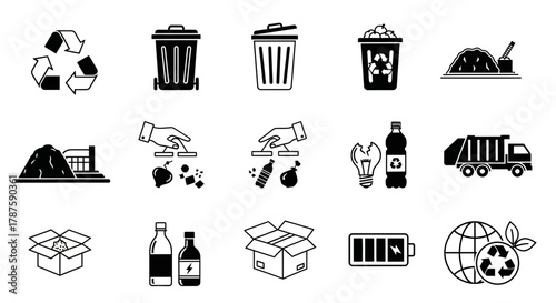 Comprehensive collection of recycling and waste management icons depicting sustainability efforts and environmental care for modern design concepts.