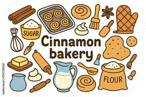 Cinnamon Bakery Doodle. Cinnamon bakery. Hand-drawn doodle illustration of cinnamon bakery. Cinnamon rolls,
