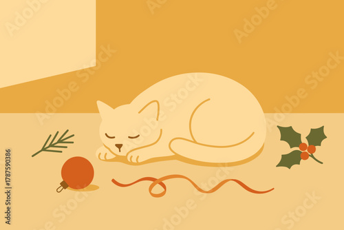 Sleeping Cat and Decor. minimalist flat illustration of a cat sleeping beside leftover holiday decor, soft