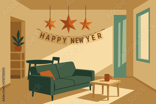 Vintage Holiday Interior. minimalist flat illustration of an apartment interior with New Year decorations
