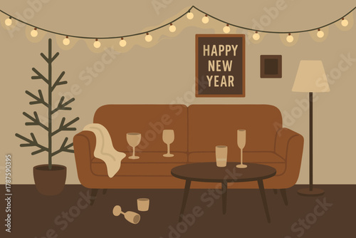 Cozy Post-Celebration Calm. minimalist flat illustration of a cozy living room after New Year’s Eve, empty