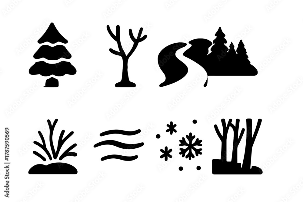Fototapeta premium Snowy Forest Icons. Snowy Forest. Filled icon set of Snowy Forest: snow-covered pine, bare birch, path through