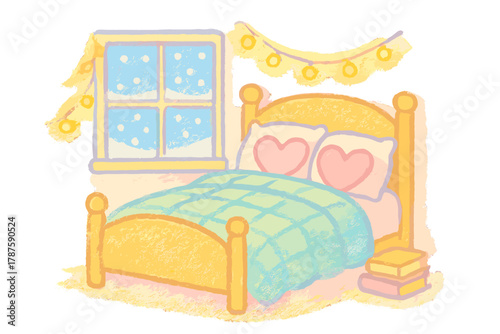 Cozy Winter Bedroom. "Winter bedroom aesthetic". Cute doodle of bed with cozy blanket and heart-shaped pillows