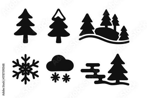 Winter Pines Icons. Winter Pines. Filled icon set of Winter Pines: tall pine, snow top, mist line, cold hill,