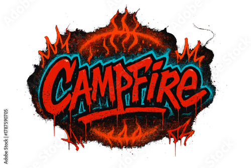 Neon Campfire Graffiti. campfire. neon graffiti lettering, bold spray-paint strokes, fiery dripping textures,
