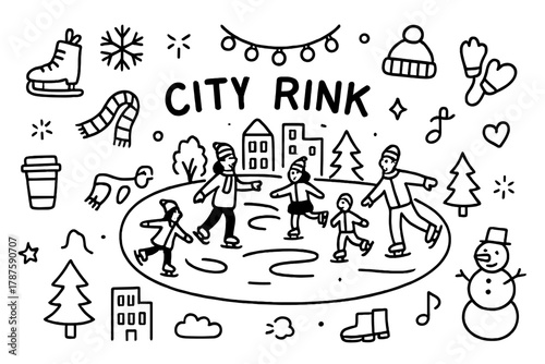 City Rink Doodles. City Rink. Hand-drawn doodle illustration of public skating rink in town square. In the