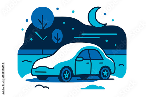 Snow-Covered Serenity. Winter silence. A car buried under a blanket of snow in an empty lot, minimal trees and