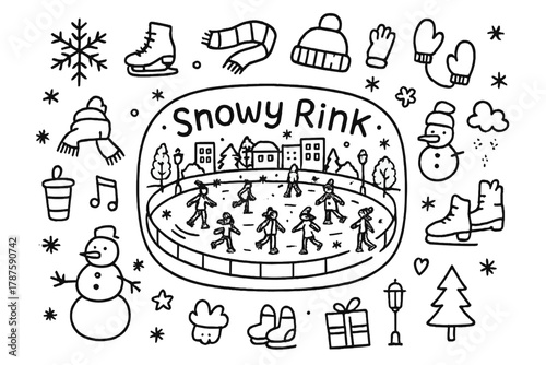 Snowy City Skating. Snowy Rink. Hand-drawn doodle illustration of snowy city ice rink with people skating. In
