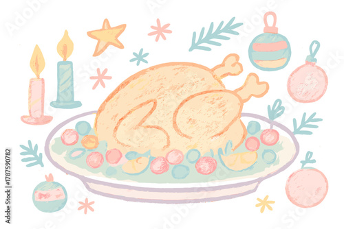 Whimsical Christmas Feast. "Christmas dinner roasted turkey". Whimsical doodle of a roasted turkey on a