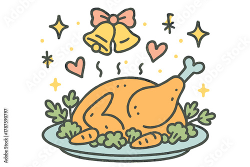 Whimsical Christmas Feast. "Christmas dinner roasted turkey". Playful doodle of turkey on platter with