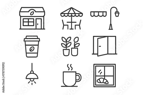Coffeehouse Icon Set. Coffeehouse Exterior. Line outline icon set of outdoor cafe elements: café building with