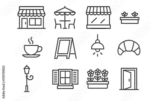 Café Icon Set. Café Facades. Line outline icon set of coffee shop exteriors: small café building, terrace