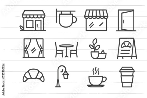 Urban Café Icons. Coffee Shop Street. Line outline icon set of urban café views: cozy corner café, hanging mug