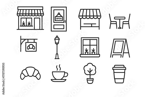 Cozy Café Icons. Small Coffee Shops. Line outline icon set of cozy outdoor cafés: corner coffee shop, door