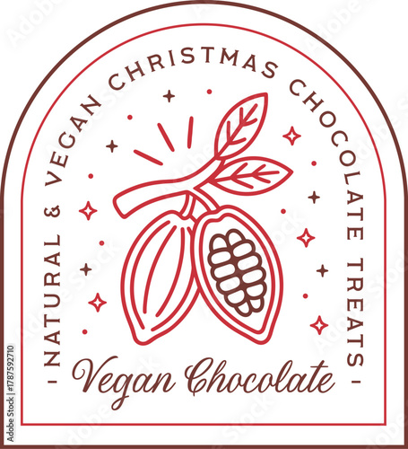 Vegan Christmas chocolate treats homemade dairy free sweets truffles box natural cacao beans logo label sticker. Holiday healthy desserts retro vintage red aesthetic eco friendly packaging design.