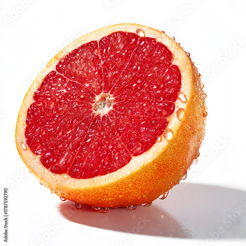 Juicy Grapefruit Slice: A radiant halved grapefruit, beads of water glistening on its textured rind and juicy segments. showcasing the refreshing appeal and visual allure of citrus fruit.