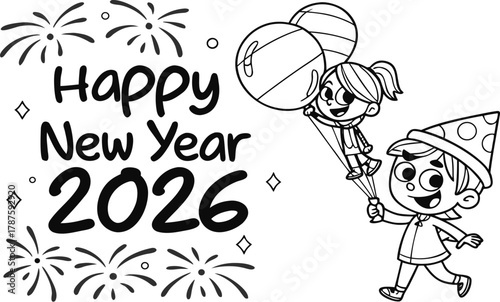 Hand-drawn vector illustration of a girl and boy cartoon for a winter coloring book design