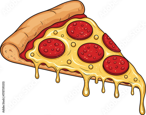 Cartoon pepperoni pizza slice with gooey melted cheese, crispy crust, tomato sauce, tasty toppings, vector clipart for food design