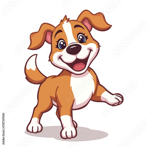 Happy cartoon puppy with wagging tail, big blue eyes, and a wide smile