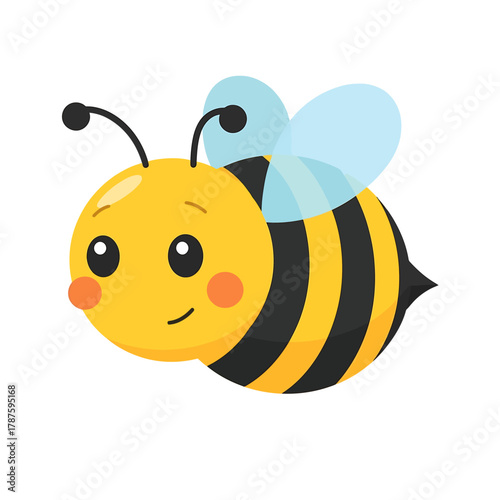 Cute cartoon bee with black and yellow stripes, white background, sweet and playful character