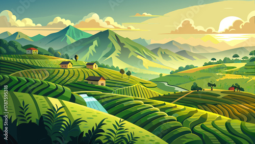 Endless green tea terraces rolling over hills, farmers tending rows of tea bushes, mist rising in the morning, mountains in the distance, sunlight filtering through clouds, tranquil agricultural scene