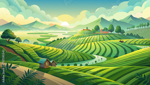 Endless green tea terraces rolling over hills, farmers tending rows of tea bushes, mist rising in the morning, mountains in the distance, sunlight filtering through clouds, tranquil agricultural scene