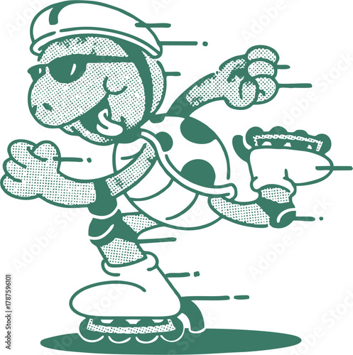 Cool Cartoon Turtle Skating Fast on Rollerblades Wearing Helmet and Sunglasses in Retro Halftone Pop Art Style