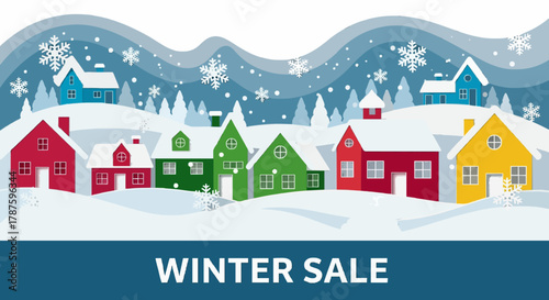 Winter sale banner in paper cut style with snow gently falling on colorful houses.