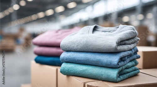 Stacked colorful t-shirts in a warehouse setting.