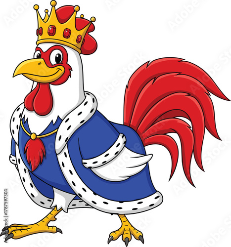 Cartoon rooster dressed as royal king with crown and robe, humorous farm animal illustration for fantasy, character design, and children’s content