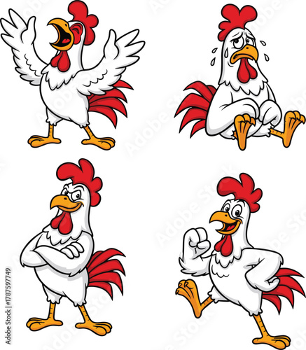 Cartoon rooster showing multiple emotions and actions, expressive character illustration for animation, storytelling, education, humor, and children’s content