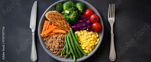 Healthy portion plate featuring balanced servings of vegetables grains and protein.