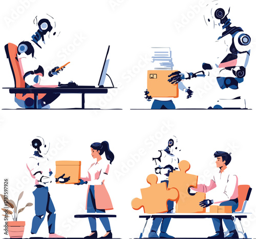 Human-robot collaboration scenes in workplace: multitasking, document handling, logistics, and teamwork