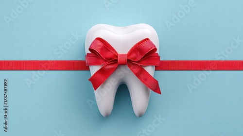 Tooth with a red ribbon on a blue background
