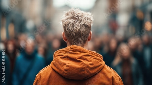 A person with blonde hair stands facing away from the camera in a crowd.