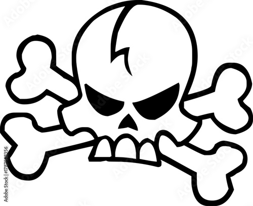 Cartoon style vector of a skull and crossbones with an angry expression