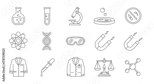 Discover cutting-edge science and research icons featuring laboratory equipment DNA molecules and atomic structures for innovative projects