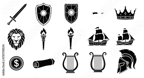 Iconic emblems of history power and exploration including swords shields crowns ships lions torches scrolls and helmets for design projects