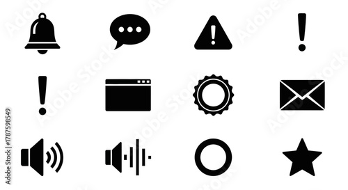 Collection of modern minimalist icons for alerts notifications messages sound web and status indicators