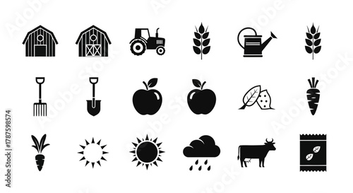 Vibrant farm icons depicting essential agriculture elements like barns, tractors, crops, and livestock for modern rural themes.