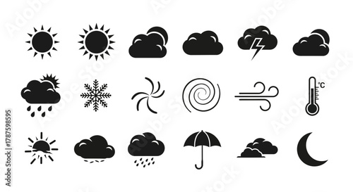 Dynamic weather forecast icons showcasing sun, rain, snow, clouds, lightning, wind, temperature, and moon for app design