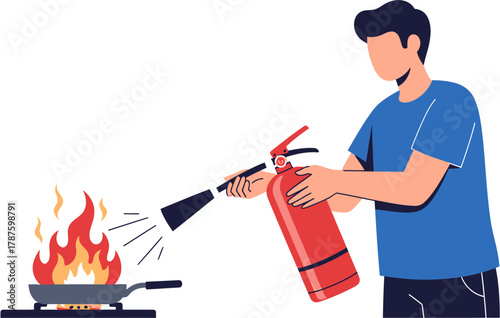 A man using a fire extinguisher to put out a burning pan in the kitchen, a concept of fire safety and emergency response