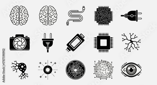 Dynamic collection of modern icons symbolizing technology, innovation, and human intellect, perfect for digital concepts.