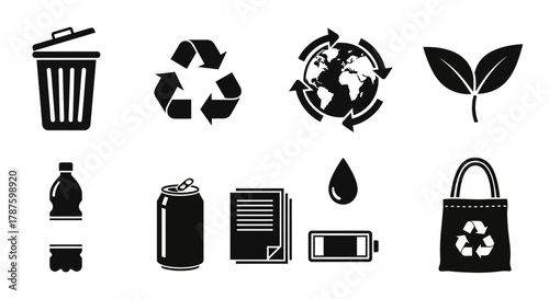 Eco-friendly icons symbolizing sustainability, recycling, and environmental care for a greener future.