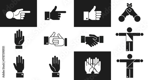 Dynamic collection of hand gesture icons symbolizing communication agreement direction and rejection for business and design projects